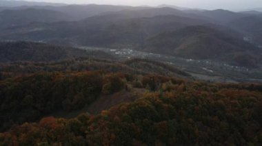 Kırsal alan manzarası, inanılmaz dağlar ve güzel renkli sonbahar ormanı, arka plandaki kırsal alan sonbahar manzarası. Akşamları ağaçların tepesinde uçan insansız hava aracı görüntüleri, doğa kavramı.