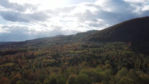 Luchtfoto Drone Uitzicht Herfst Bergen Piek Kleurrijke Bos Tijdens Filmische — Stockvideo