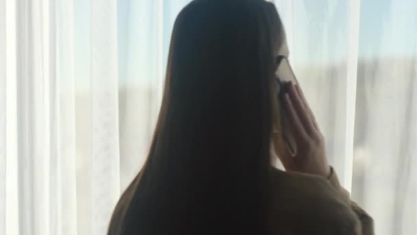Σιλουέτα Της Ευτυχισμένης Νεαρής Καυκάσιας Γυναίκας Στέκεται Κοντά Στο Παράθυρο — Αρχείο Βίντεο