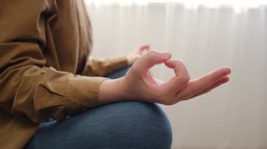 Nilüfer çiçekli poz veren ve meditasyon yapan, evde yoga yapan, el parmakları görünümü olan, sakin kadın kontrollü duyguları olan, stressiz, sağlıklı yaşam tarzı konsepti olan barışçıl bir kadın.