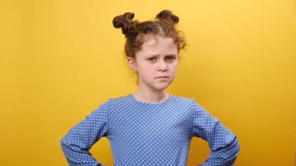 Portrait Little Grumpy Caucasian Girl Child Pouting Lips Grimacing Looking — Stock Video