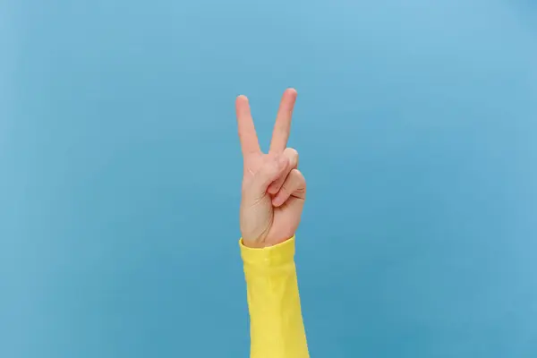 Close up of female hand showing winning gesture with fingers body language, posing isolated over blue studio background wall with copy space for promotion content. V sign. Peace victory concept
