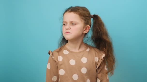 Portrait Disgusted Preteen Girl Kid Smelling Stinky Smell Frowning Angry — Stock Video