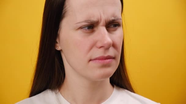 Close Portrait Displeased Young Caucasian Woman Closing Nose Because Bad — Stock Video