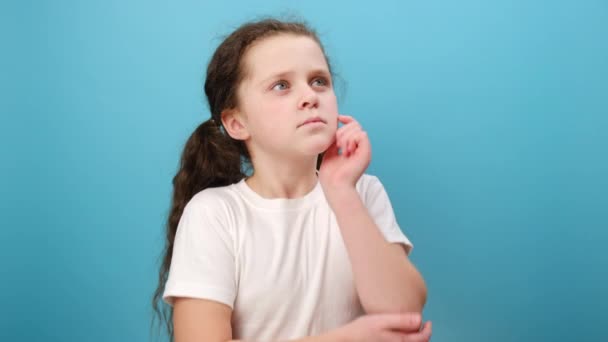 Portrait Adorable Thoughtful Preteen Girl Child Stands Holds Chin Looking — Stock Video