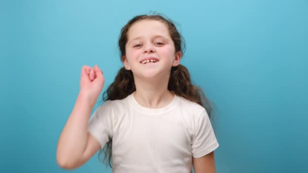 Portrait Pretty Little Girl Child Looking Pointing Finger Camera Smile — Stock Video