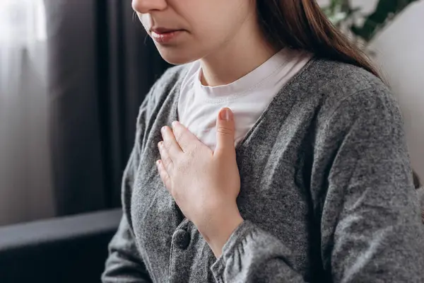 Close Upset Young Woman Feeling Strong Ache Chest Writhing Pain — Stock Photo, Image