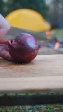 Erkek ellerinin, şenlik ateşi yanında mor soğanları ve yaz ormanlarında sarı çadırı parçaladığı dikey bir video. Sağlıklı beslenme. Açık hava yemekleri kavramı