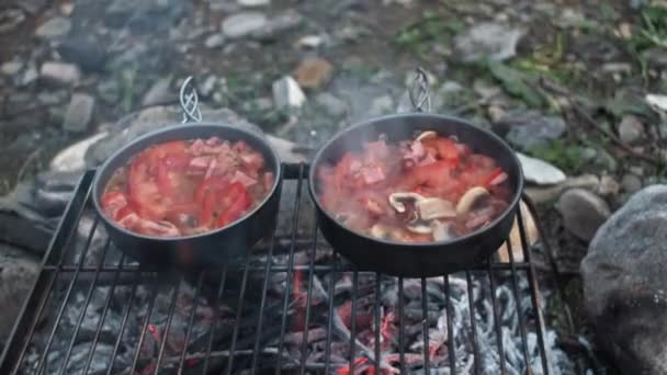 Close Young Woman Cooking Shakshuka Campfire Adds Egg Vegetables Pan — Stock Video