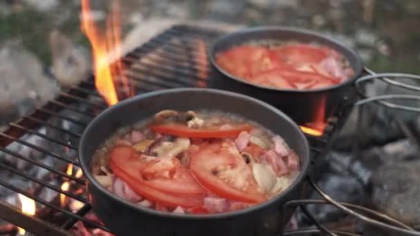 Zwei Pfannen Mit Tomaten Paprika Und Champignons Lagerfeuer Einem Warmen — Stockvideo