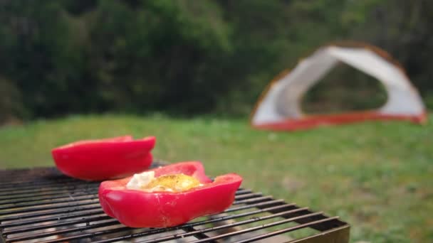 用奶酪和鸡蛋包着辣椒 用烟熏着篝火 在春季或夏季的周末 在炉火和煤块之上的室外烤架上准备蔬菜 速食野营 — 图库视频影像