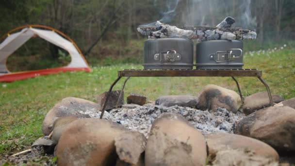 在户外的树林里准备烹调 户外在篝火上烘烤食物 露营旅行 篝火的地方 在春天或夏天野外探险中生存 — 图库视频影像