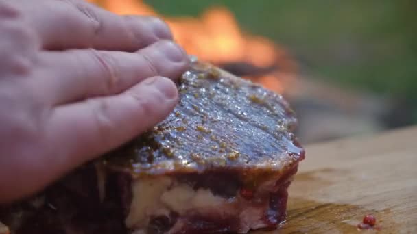 在生肉牛排上撒盐和胡椒粉 并准备烹调 篝火边的腌肉 露营氛围和室外生活方式的概念 — 图库视频影像