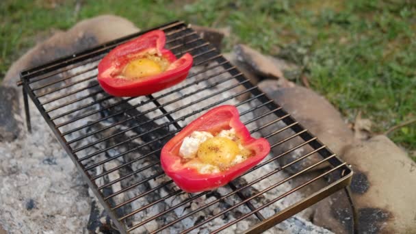 Doğada Kamp Ateşinde Peynirli Yumurtalı Fırında Kırmızı Biber Ketojenik Diyet — Stok video