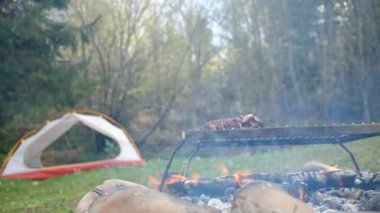 Açık havada şenlik ateşinde et pişirmek. Çadırın yanındaki kamp ateşinde sulu çiğ biftek ve güneşli bir günde güzel bir bahar ormanı. Doğada barbekü. Macera, seyahat ve yürüyüş kavramı