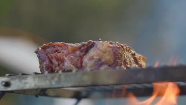 Dîner Camping Rapide Gros Plan Steak Cru Traditionnel Sur Feu — Video
