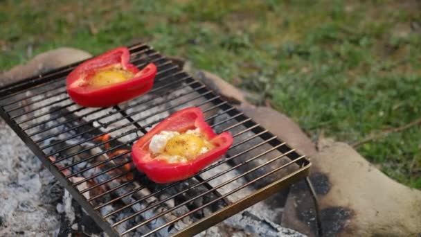 Doğada Kamp Ateşinde Peynirli Yumurtalı Iki Fırında Kırmızı Biber Yakın — Stok video