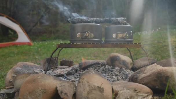 Pieczenie Ogniu Gotowanie Jedzenia Przy Ognisku Pobliżu Namiotu Lesie Wiosennym — Wideo stockowe