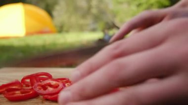 Arka plandaki şenlik ateşi, sarı çadır ve bahar ormanlarında biber kesen adama yaklaş. Erkek elleri kırmızı biberi dilimliyor. Fırın vejetaryen salatası hazırlıyor. Bıçakla sebzeleri küçük parçalara ayır.