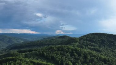 Doğal manzaraların insansız hava aracı görüntüleri, güzel Karpatlar dağları, yaz günü yağmur sırasında yeşil ormanlar. Açık hava manzarası doğa manzarası bulutlu gökyüzü ile ağaçlık arazi