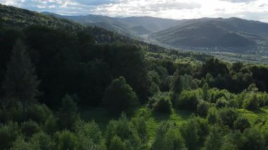 İnanılmaz yeşil ormanın, bulutlu gökyüzünün ve yaz dağlarının insansız hava aracı görüntüleri. Doğa geçmişi. Seyahat, açık hava turizmi, aktif tatil