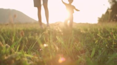 Değer veren genç bir anne, küçük oğlunun ilerlemesini, daha yeni yürümesini ve gelişme kavramını öğrenmesini destekler. Güzel bir bebeğin sıcak gün batımında çayırda ilk adımlarını atması seçici bir odak noktası.