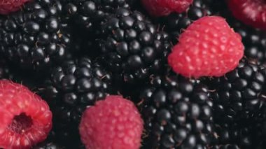 Taze ahududu ve böğürtlen dönüşümünün üst görüntüsünü kapatın. Sağlıklı meyve meyveleri. Şekil sulu meyve çerezi. K vitamini. Yaz yemekleri.