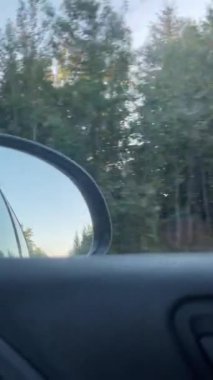 Ayna kanadının iç görüntüsünün dikey videosu. Gün batımında asfalt yolu ve yeşil ağaçlı arabanın arka manzarası. Kırsal bölgelerdeki trafiği temizle
