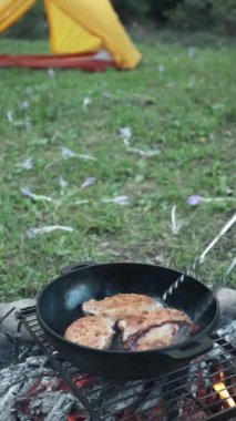 Genç bir adamın sonbahar ormanında sıcak şenlik ateşinde biftek pişirirken çekilmiş dikey görüntüleri. Doğada barbekü. Şenlik ateşinde yemek pişirmek. Macera, seyahat ve yürüyüş kavramı