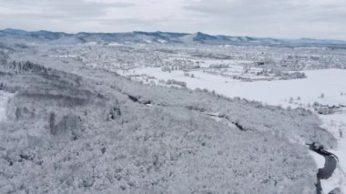 Kırsal alan manzarası, güzel temiz nehir ve kışın karlı ormanlar. Havadan gelen doğal kış manzarası. Karların altındaki orman. İnsansız hava aracından manzara