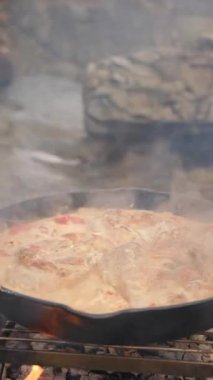 Genç adamın pişirdiği, güneşte kurutulmuş domatesli fırında tavuk, taze yeşil maydanoz ve şenlik ateşinde peynir sosu videosu. Dışarıda yemek pişirmek. İlkbahar ve tatil doğa kavramı