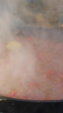 Kamp ateşinde shakshuka pişiren genç adamın dikey videosu, kışın tavada sebzelere yumurta ekler. Sağlıklı taze sebzeler. Vejetaryen yemeği. Çeşitli sebzeler. Yemek pişirme konsepti