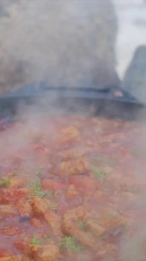 Erkek elinin dikey videosu yeşil maydanozu kış zamanı rengarenk sebze ve et dolu bir tavaya koyuyor. Yemek pişirme konsepti