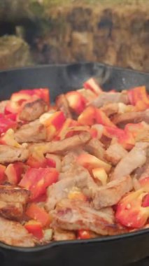 Genç bir adamın kış mevsiminde renkli sebze ve et buharına tuz ve baharat kattığı dikey bir video. Yemek pişirme konsepti