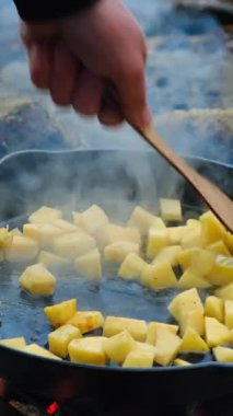 Baharın başında kızarmış patates pişirirken çekilmiş dikey bir video. Yürüyüşte dışarıda yemek pişirmek. Yiyecek konsepti
