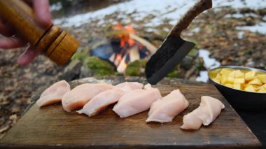 Baharın başında kamp ateşinin yanında ahşap tahtada baharatlarla marine edilmiş erkek elleriyle tavuk filetosu yakın. Kamp ortamı, doğa ve açık hava yaşam tarzı konsepti. Açık havada yemek yapmak.
