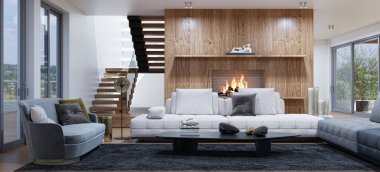 3D tasviri, büyük lüks, modern, parlak iç mekânlar sunuyor. Oturma odasındaki model bilgisayarlar dijital olarak oluşturuluyor.