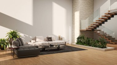 3D tasviri, büyük lüks, modern, parlak iç mekânlar sunuyor. Oturma odasındaki model bilgisayarlar dijital olarak oluşturuluyor.