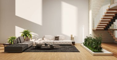 3D tasviri, büyük lüks, modern, parlak iç mekânlar sunuyor. Oturma odasındaki model bilgisayarlar dijital olarak oluşturuluyor.