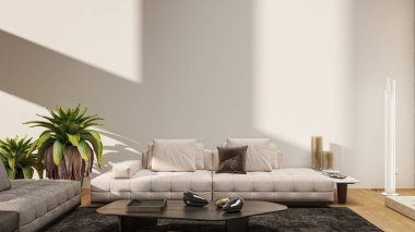 3D tasviri, büyük lüks, modern, parlak iç mekânlar sunuyor. Oturma odasındaki model bilgisayarlar dijital olarak oluşturuluyor.