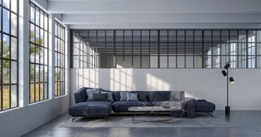 3D tasviri, büyük lüks, modern, parlak iç mekânlar sunuyor. Oturma odasındaki model bilgisayarlar dijital olarak oluşturuluyor.