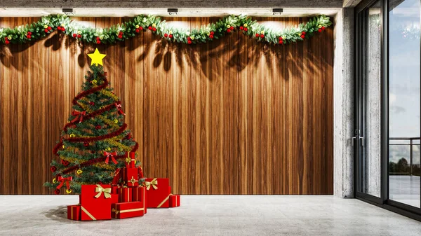 Иллюстрация Рождественская Вечеринка Красиво Украшенный Дом Елкой — стоковое фото