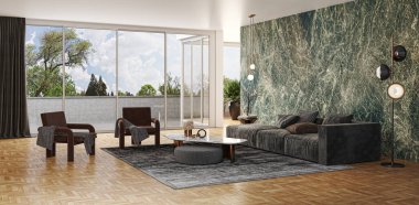 3D tasviri, büyük lüks, modern, parlak iç mekânlar sunuyor. Oturma odasındaki model bilgisayarlar dijital olarak oluşturuluyor.