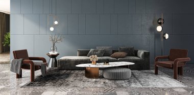 3D tasviri, büyük lüks, modern, parlak iç mekânlar sunuyor. Oturma odasındaki model bilgisayarlar dijital olarak oluşturuluyor.