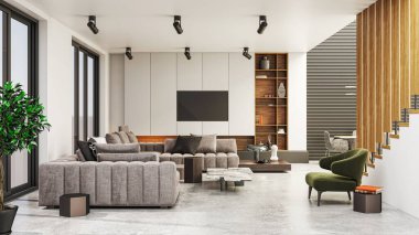 3D tasviri, büyük lüks, modern, parlak iç mekânlar sunuyor. Oturma odasındaki model bilgisayarlar dijital olarak oluşturuluyor.