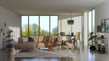 3D tasviri, büyük lüks, modern, parlak iç mekânlar sunuyor. Oturma odasındaki model bilgisayarlar dijital olarak oluşturuluyor.