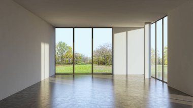 3D tasviri, büyük lüks, modern, parlak iç mekânlar sunuyor. Oturma odasındaki model bilgisayarlar dijital olarak oluşturuluyor.