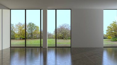 3D tasviri, büyük lüks, modern, parlak iç mekânlar sunuyor. Oturma odasındaki model bilgisayarlar dijital olarak oluşturuluyor.