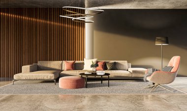 3D tasviri, büyük lüks, modern, parlak iç mekânlar sunuyor. Oturma odasındaki model bilgisayarlar dijital olarak oluşturuluyor.