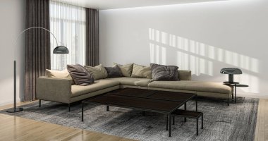 3D tasviri, büyük lüks, modern, parlak iç mekânlar sunuyor. Oturma odasındaki model bilgisayarlar dijital olarak oluşturuluyor.